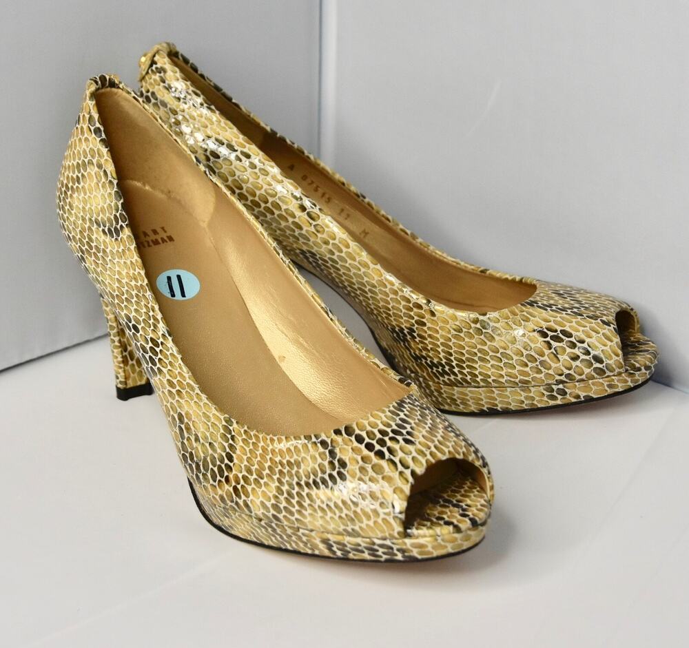 Stuart Weitzman Logo Plainfield Snake-Print Leather Peep-toe Pump Size 11